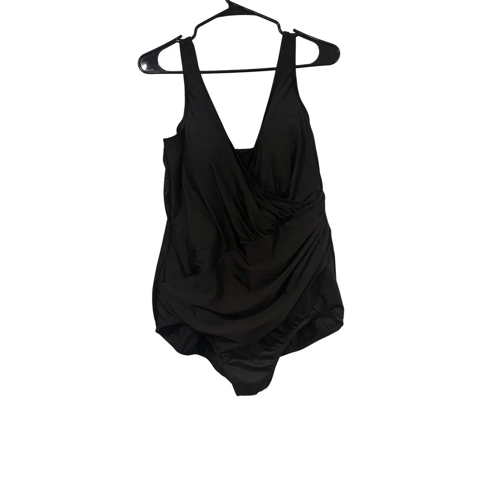 Miraclesuit Womens Black Surplice Ruched One Piece Swimsuit Size 22W